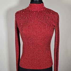 Vintage Ribbed Cotton Metallic Embellished Pearls Red Turtleneck Sweater M